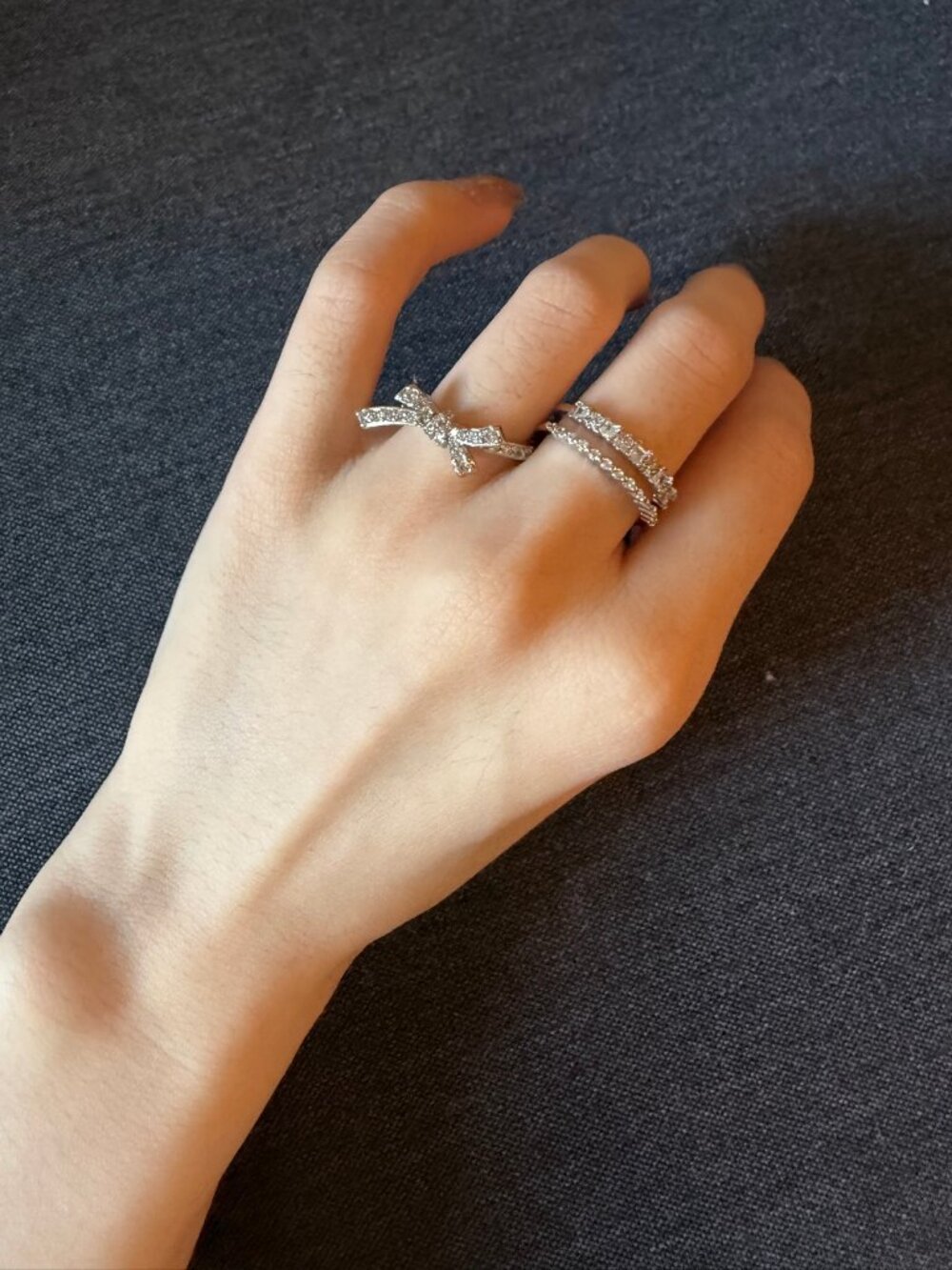 Silver Bow and Rhinestone Rings 2 Pieces - Picture 1 of 3